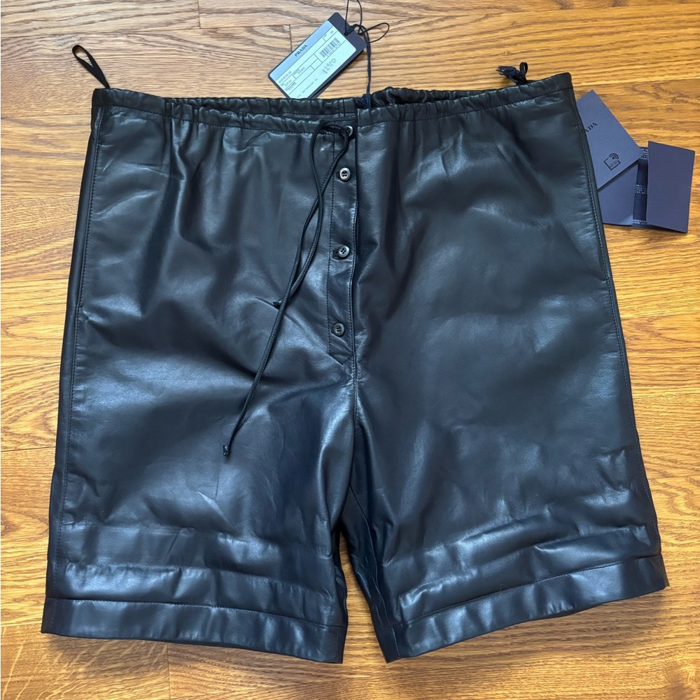 NEW PRADA logo Black lamb skin Leather Drawstring Shorts size 38 S-M RARE